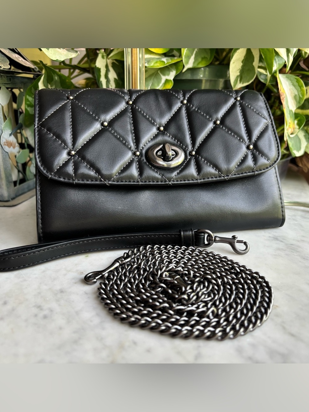 Coach Black Quilted Leather Shoulder Bag with Wrist Strap and Gunmetal Chain